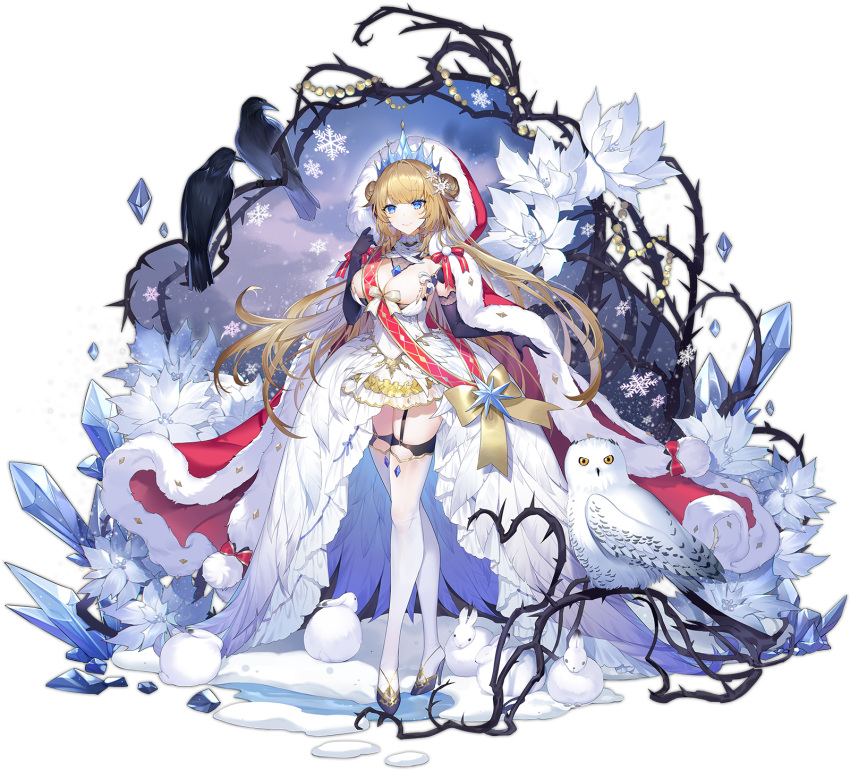 1girl ark_order bangs barn_owl bird black_gloves blonde_hair blue_eyes blue_footwear bow breasts bunny cape closed_mouth crow crystal double_bun dress elbow_gloves flower full_body fur-trimmed_cape fur_trim gloves hatoyama_itsuru high_heels highres hood hooded_cape ice jewelry large_breasts looking_at_viewer necklace official_art pom_pom_(clothes) red_bow red_cape red_hood shoes sidelocks sleeping_beauty sleeping_beauty_(ark_order) sleeping_beauty_(character) smile snow snowflakes solo thighhighs thorns transparent_background white_bow white_dress white_flower white_legwear