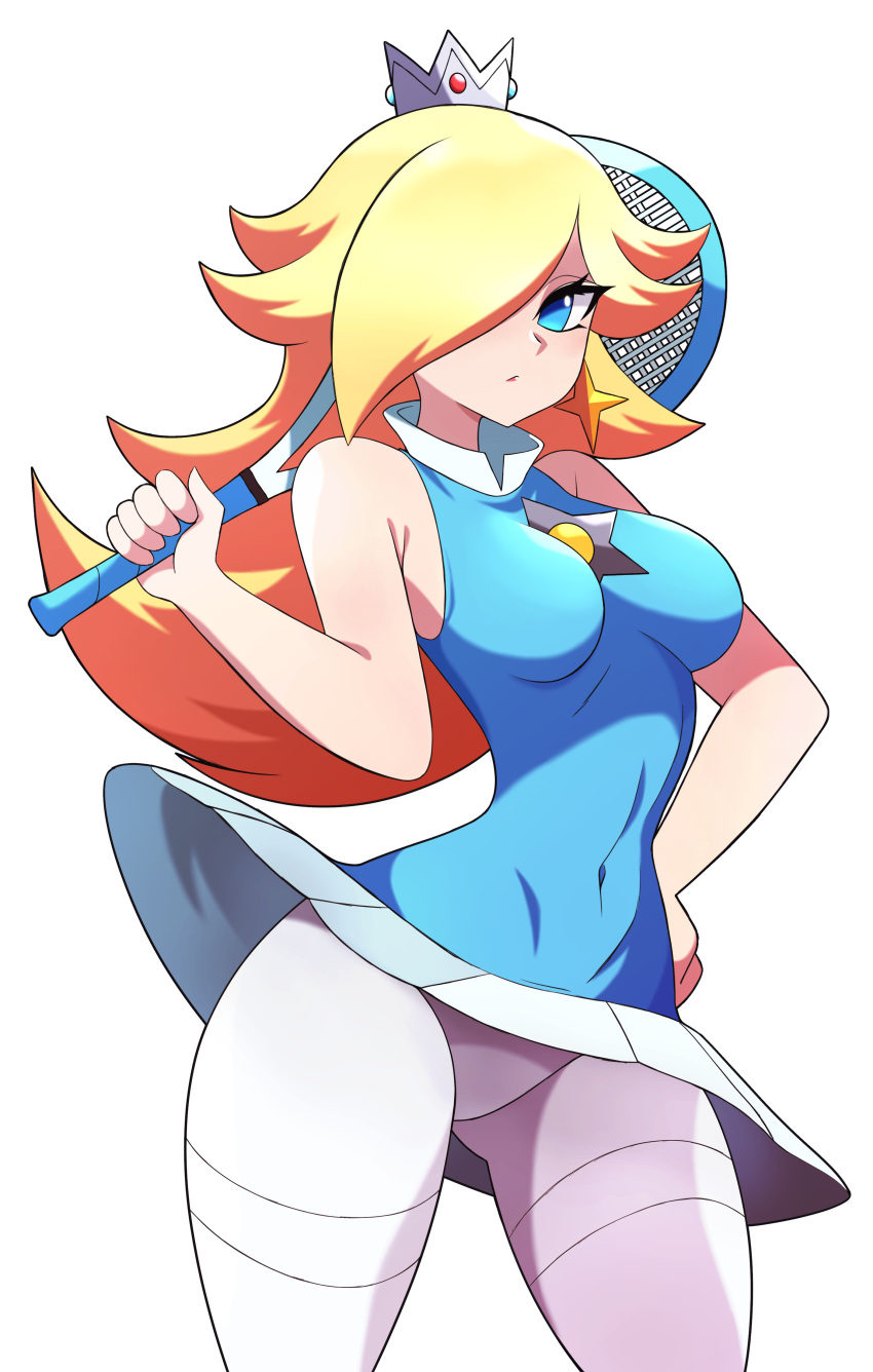 1girl absurdres abysswatchers bare_shoulders blonde_hair blue_eyes breasts crown hair_over_one_eye highres long_bangs long_hair mario_(series) mario_tennis medium_breasts nintendo panties panties_under_pantyhose pantyhose racket rosalina skirt sportswear super_mario_bros. tennis tennis_racket tennis_uniform thighband_pantyhose underwear upskirt white_background white_legwear wide_hips