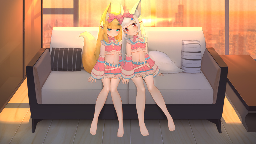 2girls absurdres animal_ear_fluff animal_ears aosora_(897791568) bangs barefoot belt blonde_hair blue_eyes blunt_bangs bow couch detached_sleeves feet fox_ears fox_girl fox_tail hair_bow highres holding_hands indoors legs long_hair midriff miniskirt multiple_girls navek open_mouth original pillow pink_shirt pink_skirt pink_sleeves red_eyes ribbon shirt silver_hair sitting skirt smile sunset table tail thighs toes window