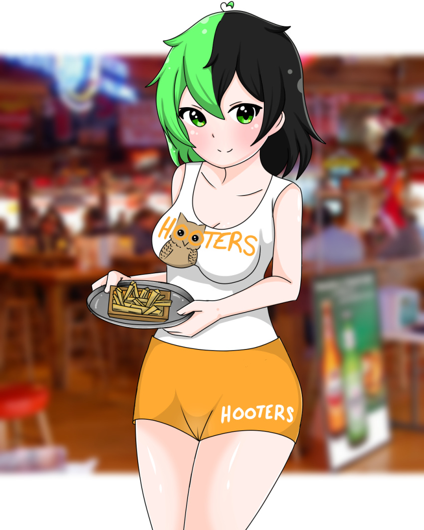 1girl artist_request black_hair breasts cleavage clothes_writing green_hair highres holding holding_tray hooters non-web_source orange_shorts original restaurant short_shorts shorts source_request tank_top tray uniform waitress