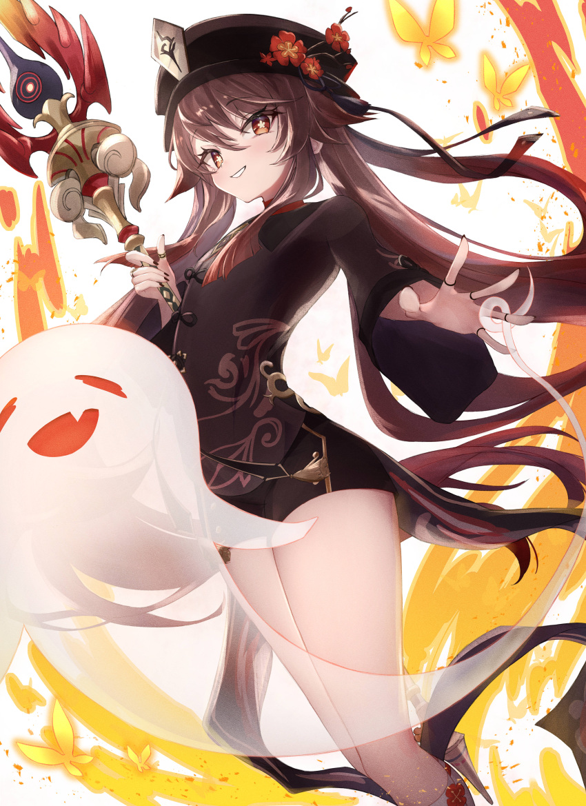 1girl absurdres black_headwear black_nails brown_dress brown_eyes brown_hair bug butterfly dress embers eyebrows_visible_through_hair fingernails fire flower flower-shaped_pupils genshin_impact ghost hair_between_eyes hat higashigure highres holding holding_staff hu_tao_(genshin_impact) jewelry long_hair long_sleeves looking_at_viewer nail_polish plum_blossoms revision ring solo staff staff_of_homa_(genshin_impact) standing symbol-shaped_pupils thighs very_long_hair