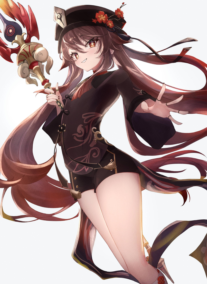 1girl absurdres black_headwear black_nails brown_dress brown_eyes brown_hair dress eyebrows_visible_through_hair fingernails flower flower-shaped_pupils genshin_impact hair_between_eyes hat higashigure highres holding holding_staff hu_tao_(genshin_impact) jewelry long_hair long_sleeves looking_at_viewer nail_polish plum_blossoms ring simple_background solo staff staff_of_homa_(genshin_impact) standing symbol-shaped_pupils thighs very_long_hair white_background