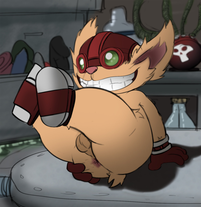 2013 anthro anus balls butt clothing eyewear footwear fur genitals gloves goggles handwear hi_res jerseydevil league_of_legends legs_up male mammal mostly_nude presenting riot_games shoes solo spread_anus spread_butt spreading teeth video_games yordle ziggs_(lol)