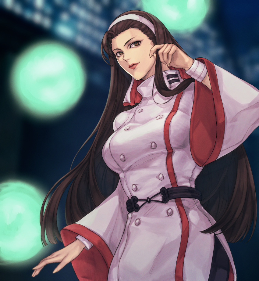 1girl arm_at_side blurry blurry_background breasts brown_eyes brown_hair buttons closed_mouth commentary depth_of_field double-breasted hairband hand_in_hair hand_up highres japanese_clothes kagura_chizuru kthovhinao_virmi lips long_hair long_sleeves looking_at_viewer medium_breasts miko solo standing the_king_of_fighters the_king_of_fighters_xv turtleneck very_long_hair white_hairband wide_sleeves