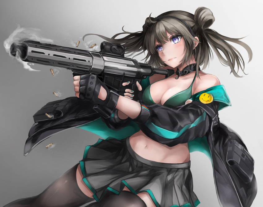 1girl aqua_nails bangs bare_shoulders black_gloves black_jacket black_legwear blush bra breasts cleavage closed_mouth double_bun expressionless eyebrows_visible_through_hair feet_out_of_frame fingerless_gloves firing girls'_frontline gloves green_bra grey_skirt gun highres holding holding_gun holding_weapon honey_badger_(girls'_frontline) honey_badger_(gun) jacket jacket_pull light_brown_hair lips long_hair looking_away marche_mk14 medium_breasts nail_polish navel open_clothes open_jacket purple_eyes shell_casing simple_background skirt solo standing thighhighs underwear weapon