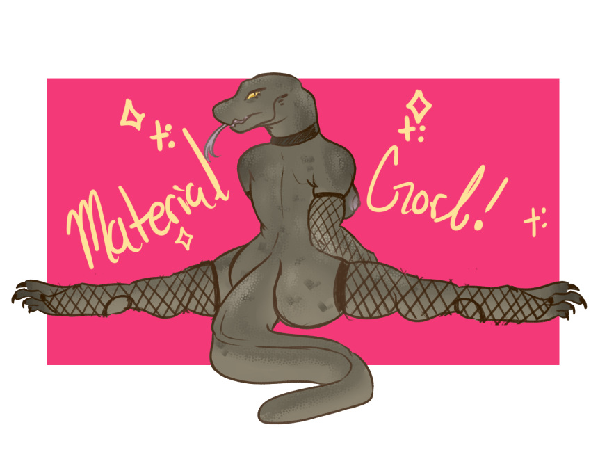 alluringcryptid anthro big_breasts breasts butt choker claws clothing digital_media_(artwork) female fishnet flexible forked_tongue gloves grey_body grey_scales handwear hi_res jewelry komodo_dragon legwear lizard looking_at_viewer monitor_lizard necklace non-mammal_breasts pink_background reptile scales scalie simple_background solo splits spread_legs spreading tail thigh_highs toe_claws tongue tongue_out