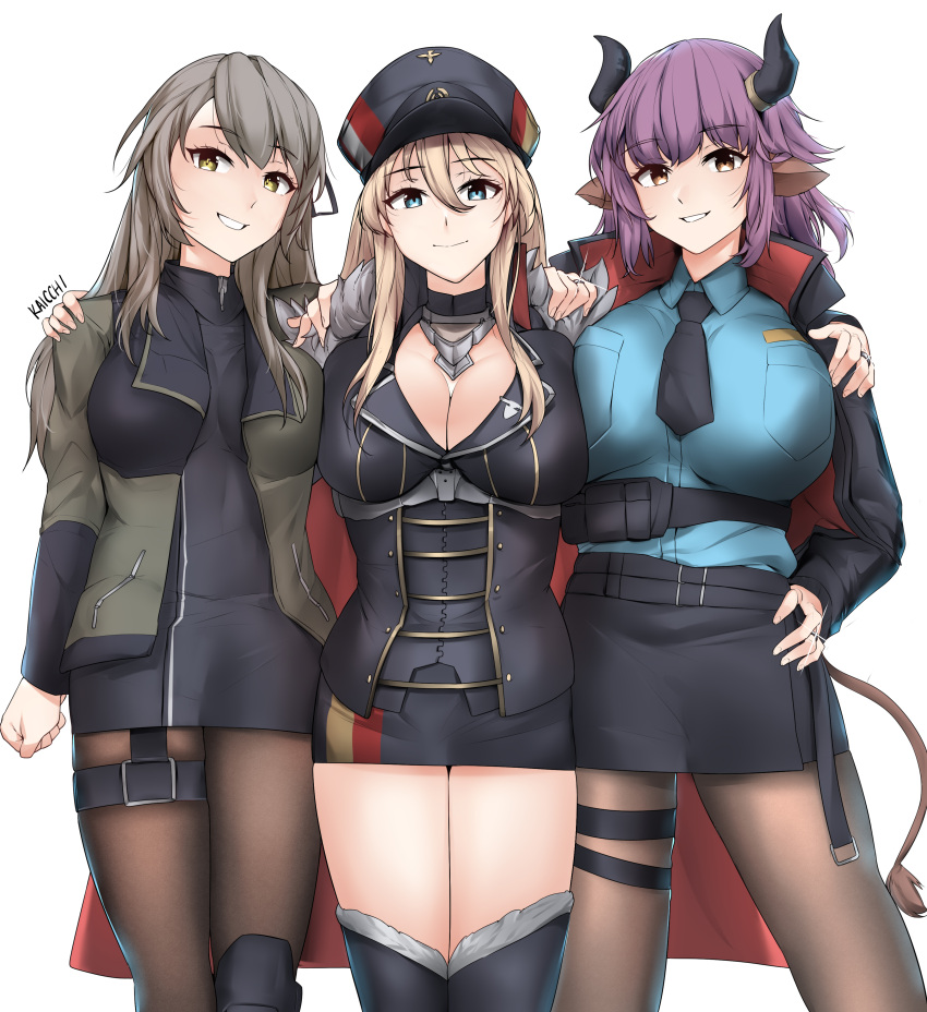 3girls absurdres arknights artist_name azur_lane bangs bismarck_(azur_lane) black_dress black_jacket black_legwear black_necktie black_skirt blonde_hair blue_eyes blue_shirt breasts cleavage closed_mouth crossover dress eyebrows_visible_through_hair feet_out_of_frame girls'_frontline green_eyes green_jacket grey_hair hair_between_eyes hand_on_hip hand_on_own_shoulder highres horns jacket jewelry kaicchi large_breasts light_brown_eyes long_hair looking_at_viewer medium_breasts multiple_girls necktie open_clothes open_jacket open_mouth pantyhose purple_hair ring shirt sideroca_(arknights) skirt smile standing teeth ump40_(girls'_frontline) white_background