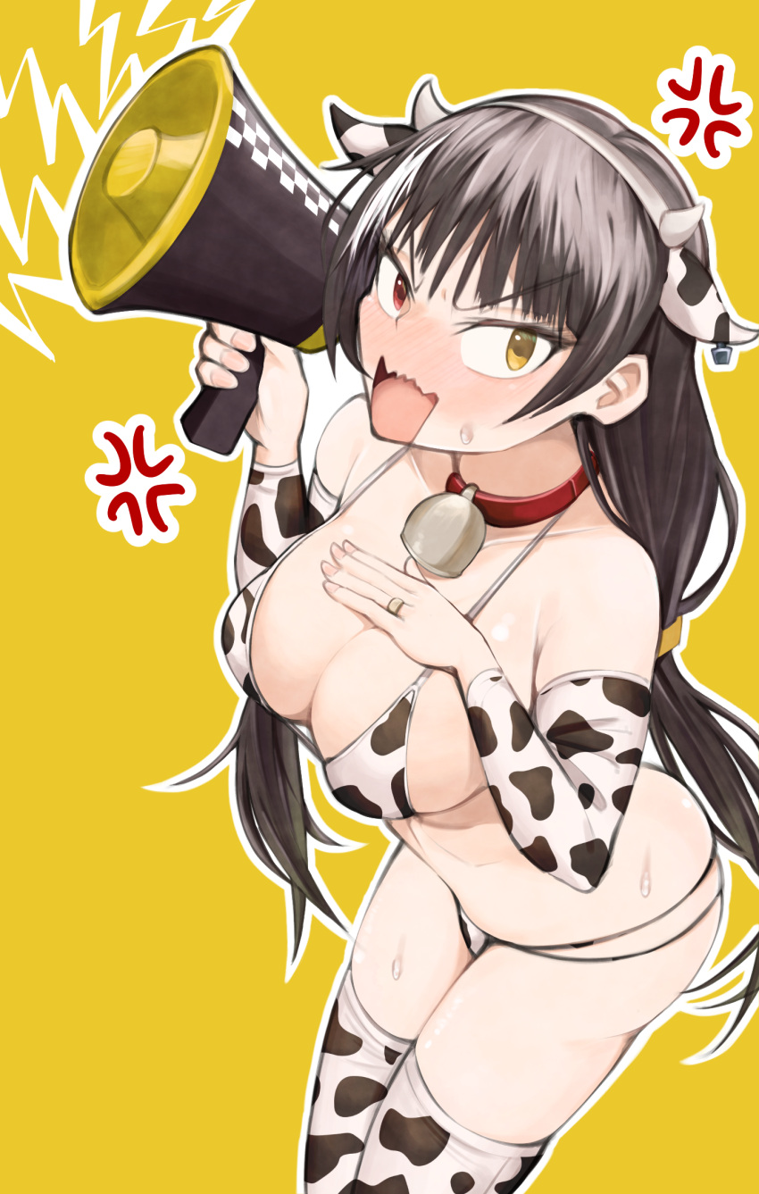 1girl alternate_costume animal_costume animal_print bangs bell bikini black_hair blush breasts cleavage collar collarbone cow_costume cow_girl cow_print cowbell eyebrows_visible_through_hair feet_out_of_frame fingernails girls'_frontline hand_on_own_chest heterochromia highres holding holding_megaphone jewelry kuzumotsu large_breasts long_hair looking_at_viewer megaphone neck_bell open_mouth red_collar red_eyes ring ro635_(girls'_frontline) solo standing sweat sweatdrop swimsuit thighhighs yellow_background yellow_eyes