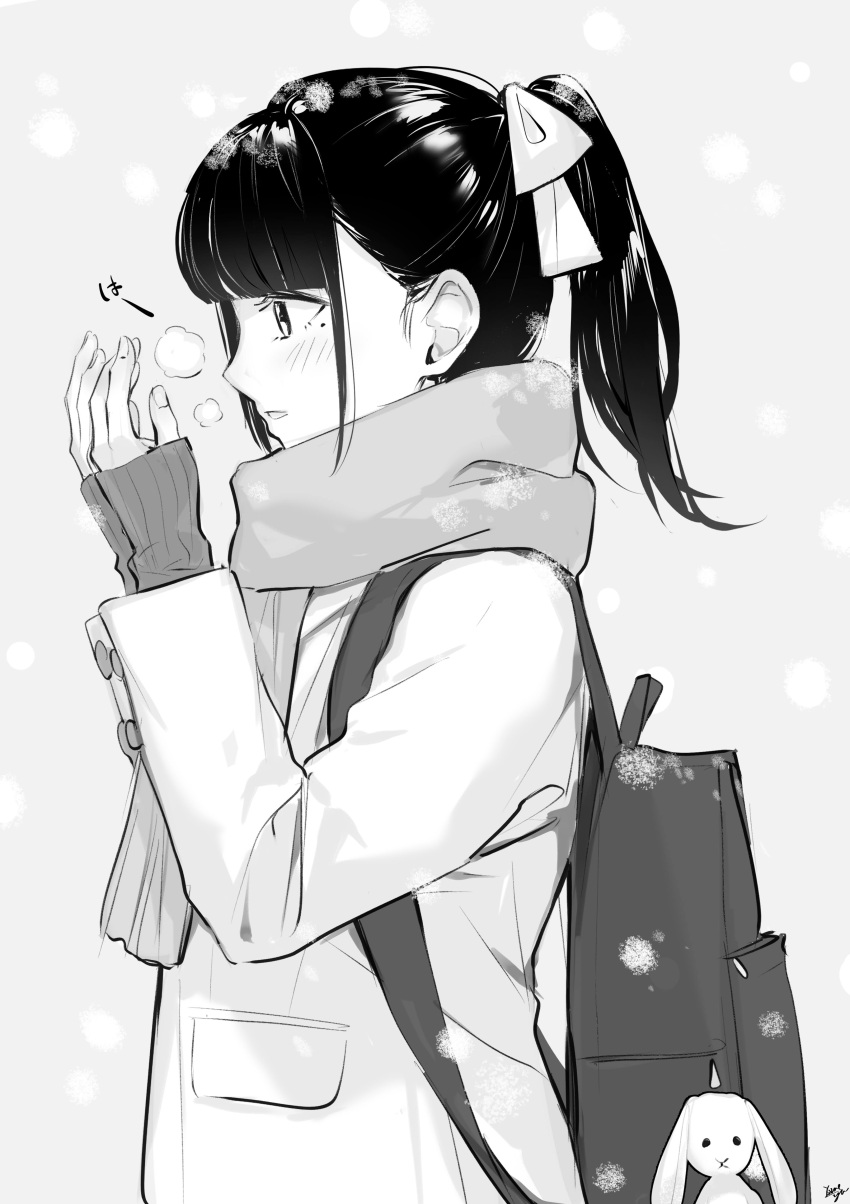 1girl absurdres backpack bag bag_charm bangs blunt_bangs blush bow breathing_on_hands charm_(object) coat fringe_trim grey_background greyscale hair_bow hands_up highres long_sleeves mole mole_under_eye monochrome original parted_lips ponytail scarf signature simple_background sleeves_past_wrists snowing solo stuffed_animal stuffed_bunny stuffed_toy takenoko_no_you