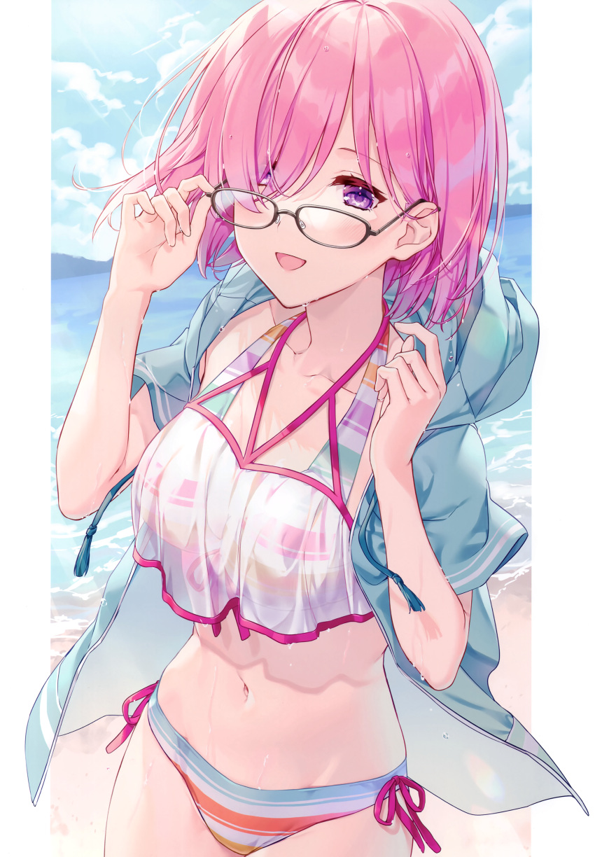 1girl absurdres bangs beach bikini breasts cloud cloudy_sky day fate/grand_order fate_(series) glasses hair_over_one_eye hands_up highres kuroki_(ma-na-tu) looking_at_viewer mash_kyrielight medium_breasts navel ocean open_clothes open_mouth outdoors pink_hair purple_eyes scan see-through short_hair short_sleeves simple_background sky smile solo stomach swimsuit water