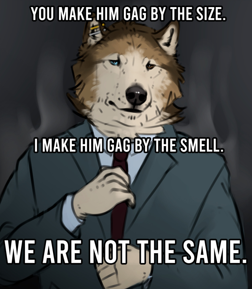 anthro canid canine canis clothing hi_res looking_at_viewer male mammal meme musk necktie reyes_(sepulte) sepulte solo suit text wolf