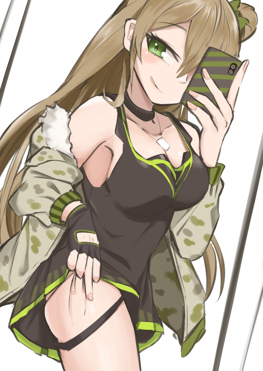 1girl bangs black_choker black_gloves black_shirt blush bow breasts brown_hair camouflage camouflage_jacket cellphone choker cleavage closed_mouth collarbone double_bun eyebrows_visible_through_hair feet_out_of_frame fingerless_gloves fingernails girls'_frontline gloves green_eyes hair_bow highres holding holding_phone jacket jacket_pull kuzumotsu licking_lips long_hair looking_at_viewer medallion medium_breasts open_clothes open_jacket phone rfb_(girls'_frontline) selfie shirt simple_background smartphone smile solo standing tongue tongue_out