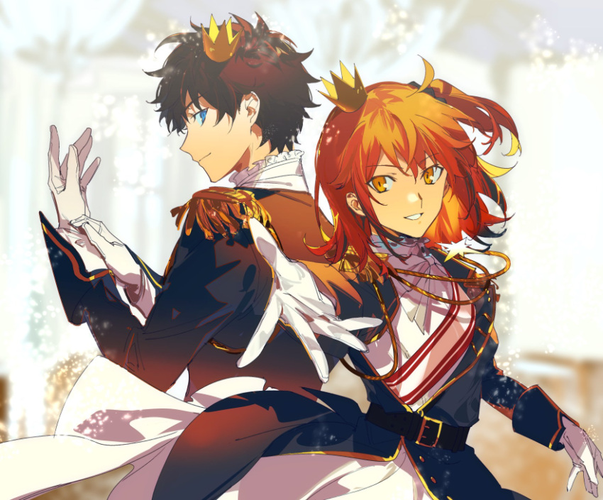 1boy 1girl ahoge alternate_costume aokiku bangs belt black_hair blue_eyes bow closed_mouth crown dress epaulettes eyebrows_visible_through_hair fate/grand_order fate_(series) feet_out_of_frame formal fujimaru_ritsuka_(female) fujimaru_ritsuka_(female)_(halloween_royalty) fujimaru_ritsuka_(male) fujimaru_ritsuka_(male)_(halloween_royalty) gloves hair_ornament hair_scrunchie highres jacket long_sleeves looking_at_viewer mini_crown official_alternate_costume open_mouth orange_eyes orange_hair scrunchie shirt short_hair side_ponytail smile white_bow white_gloves white_shirt