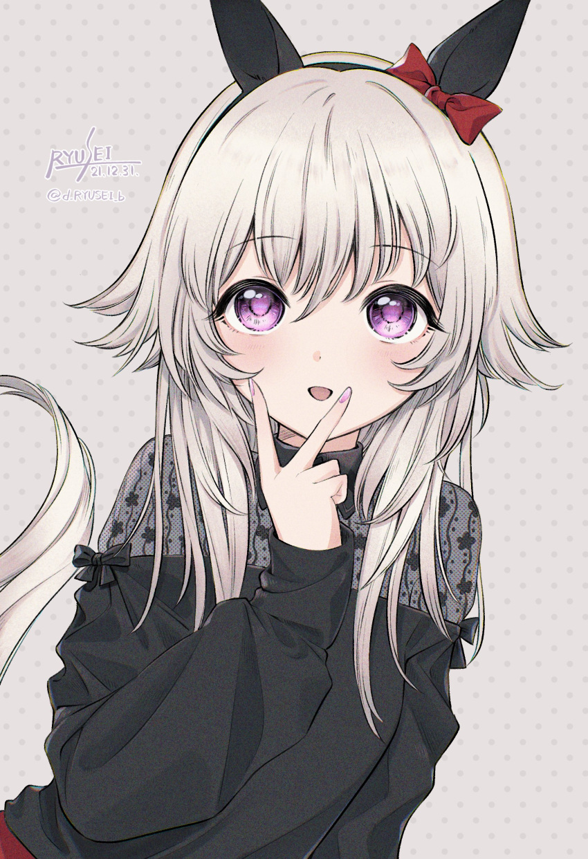 1girl absurdres animal_ears artist_name bangs black_shirt blush curren_chan_(umamusume) dated ear_bow greyscale hairband highres horse_ears horse_girl horse_tail long_hair long_sleeves looking_at_viewer monochrome open_mouth purple_eyes puzzle157xxx shirt sleeves_past_wrists smile solo tail turtleneck twitter_username umamusume upper_body v v_over_mouth