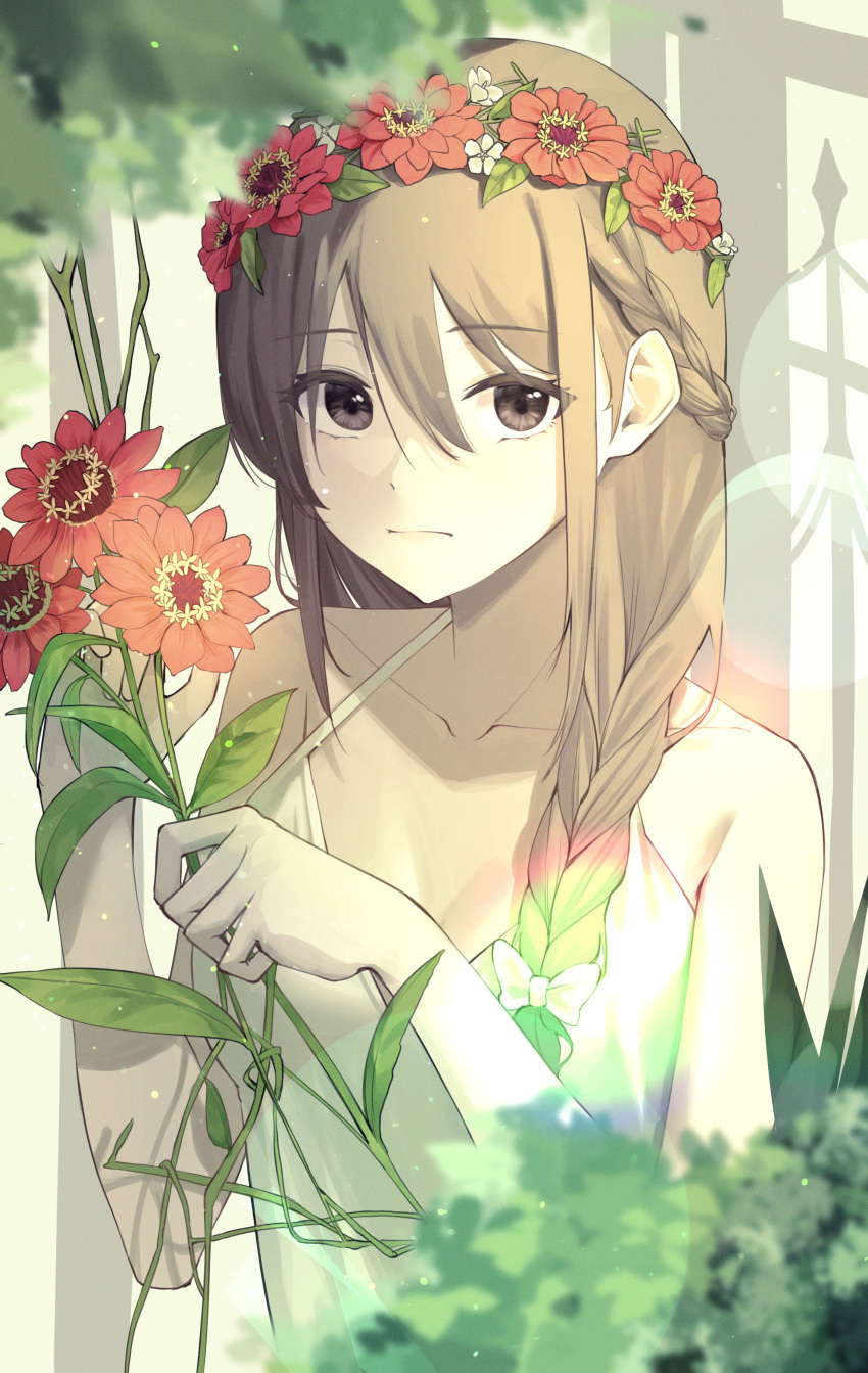 1girl absurdres bare_shoulders blurry blurry_foreground bokeh braid braided_ponytail breasts brown_eyes brown_hair cleavage closed_mouth collarbone depth_of_field eyebrows_visible_through_hair eyelashes flower foliage french_braid hair_between_eyes hair_flower hair_ornament highres holding holding_flower junkt729 long_hair looking_at_viewer medium_breasts original plant rainbow_gradient sidelocks solo symbol-only_commentary upper_body wreath