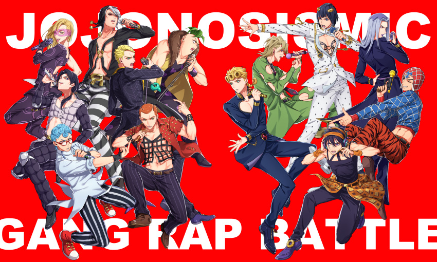 6+boys absurdres black_eyes black_hair black_sclera colored_sclera formaggio full_body ghiaccio giorno_giovanna highres holding holding_microphone hypnosis_mic illuso jojo_no_kimyou_na_bouken leone_abbacchio long_hair long_sleeves microphone middle_finger multiple_boys navel open_mouth parody pesci red_background red_eyes risotto_nero shakuyouka shirt short_hair simple_background single_sleeve sleeveless sleeveless_coat sleeveless_shirt sleeves_rolled_up style_parody vento_aureo