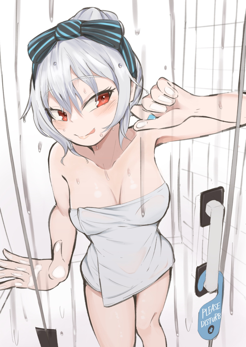 1girl bangs bare_shoulders bathroom blush breasts cleavage closed_mouth collarbone eyebrows_visible_through_hair feet_out_of_frame girls'_frontline hair_between_eyes highres kuzumotsu licking_lips lips long_hair looking_at_viewer medium_breasts naked_towel red_eyes silver_hair simple_background smile solo standing tokarev_(girls'_frontline) tongue tongue_out towel wet