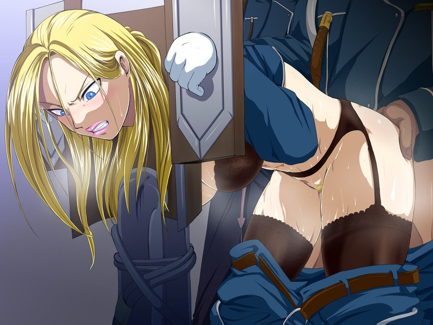 angry bent_over bondage clenched_teeth duplicate fullmetal_alchemist gloves long_hair olivier_armstrong pillory pubic_hair raburebo rape sweat you_gonna_get_raped