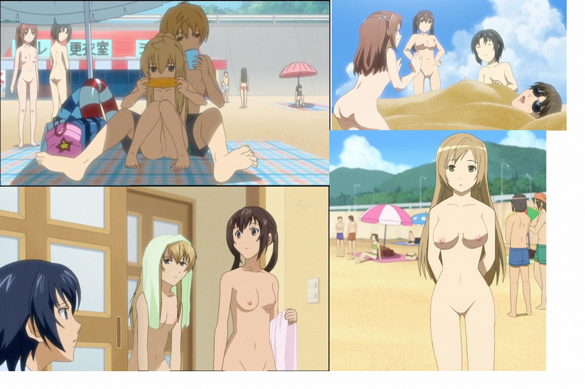 beach blonde_hair breasts brown_hair clothed_male_nude_female female fujioka highres innertube minami-ke minami_chiaki minami_haruka minami_kana minami_touma naked nipples nude nude_filter outdoors photoshop pussy sand screencap swim_trunks uchida_yuka umbrella uncensored undressing yoshino yoshino_(minami-ke) zenra