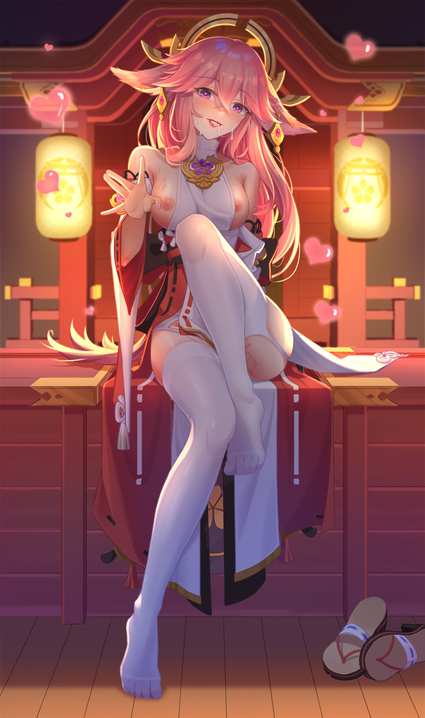 1girl absurdres animal_ears blush breasts cum cum_in_mouth detached_sleeves facial feet fox_ears fujiko_sugi garter_straps genshin_impact heart heart-shaped_pupils highres japanese_clothes kimono knee_up lantern long_hair looking_at_viewer medium_breasts miko naughty_face nipples no_shoes nose_blush pink_hair priestess purple_eyes pussy_juice shoes shoes_removed sideboob sitting sleeveless sleeveless_kimono smile solo sweat symbol-shaped_pupils thighhighs tongue tongue_out white_legwear wide_sleeves yae_miko