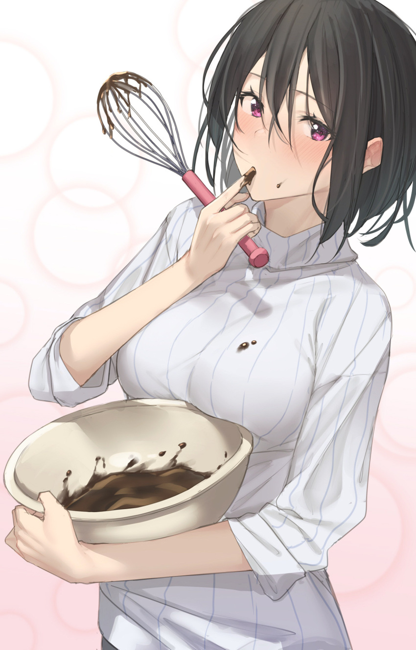 1girl bangs black_hair blush bowl breasts chocolate commentary_request eating eyebrows_visible_through_hair finger_in_mouth food food_on_clothes food_on_face hair_between_eyes hand_up highres holding holding_bowl holding_whisk large_breasts looking_at_viewer original pallad purple_eyes short_hair sleeves_rolled_up solo striped striped_sweater sweater turtleneck turtleneck_sweater vertical-striped_sweater whisk white_sweater