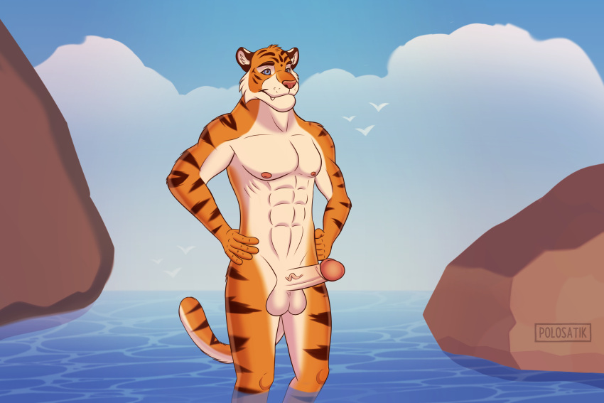 absurd_res anthro athletic athletic_anthro big_penis blue_eyes blue_sky felid fur genitals head_tuft hi_res male mammal muscular muscular_anthro muscular_male nipples orange_body orange_fur pantherine penis polosatik rock sky solo standing stripes sunset teeth tiger tuft water white_body white_fur