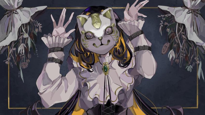 1girl arms_up belt black_hair blonde_hair border bouquet cat_mask corset crack cracked_mask flower frilled_sleeves frills gem grey_flower highres long_fingers long_hair mamiya_miya mask multicolored_hair open_hands original pink_flower red_flower sleeves_past_wrists solo upper_body upside-down