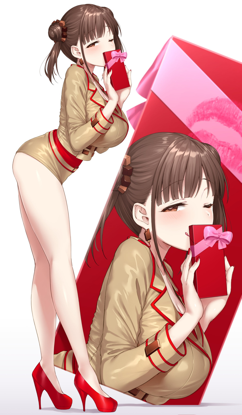 1girl absurdres bangs bare_legs beige_jacket beige_shorts breasts brown_hair chocolate_hair_ornament collage commentary_request double_bun earrings full_body gift high_heels highres idolmaster idolmaster_shiny_colors jewelry large_breasts licking_lips looking_at_viewer one_eye_closed red_eyes satou_kuuki short_shorts short_twintails shorts solo sonoda_chiyoko thighs tongue tongue_out twintails