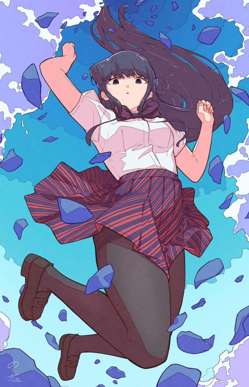 1girl arm_up bangs black_hair black_legwear blue_sky bow bowtie breasts brown_footwear clothes_lift cloud commentary_request day diagonal-striped_neckwear diagonal-striped_skirt diagonal_stripes eyebrows_visible_through_hair floating_hair from_below hands_up high-waist_skirt highres jumping komi-san_wa_komyushou_desu komi_shouko ligne_claire loafers long_hair looking_at_viewer looking_down norikoi outdoors pantyhose parted_lips petals pleated_skirt purple_eyes school_uniform shirt shoes short_sleeves sidelocks signature skirt skirt_lift sky solo striped striped_bow striped_bowtie striped_skirt thighband_pantyhose white_shirt wind wind_lift