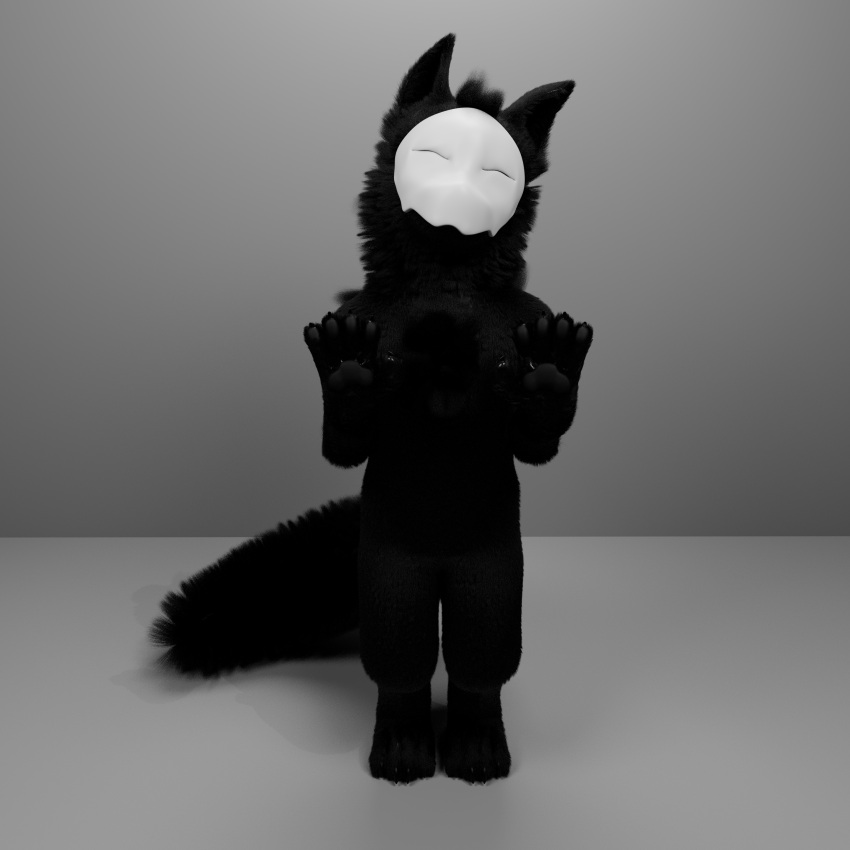 3d_(artwork) absurd_res akaifox anthro black_body black_fur black_pawpads canid canine canis claws digital_media_(artwork) digitigrade eyes_closed fluffy fluffy_tail full-length_portrait fur goo_creature hi_res male mammal maya_(software) neck_tuft pawpads paws portrait pose simple_background smile solo standing tuft wolf