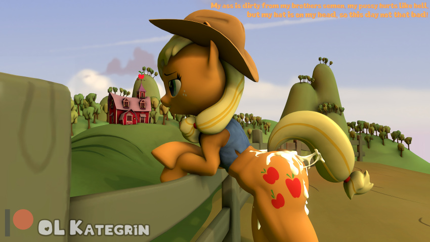 16:9 3d_(artwork) abs absurd_res after_orgasm after_sex anthro applejack_(mlp) athletic athletic_female barn big_butt blonde_hair bodily_fluids bottomless bottomless_anthro bottomless_female bubble_butt butt clothed clothing comic cowboy_hat cum cum_between_legs cum_inside cum_on_back cum_on_butt cum_on_ground cum_on_leg cum_on_tail cutie_mark day denim denim_clothing denim_jacket dialogue digital_media_(artwork) ears_down earth_pony equid equine farm female fence floppy_ears freckles friendship_is_magic genital_fluids grass hair hasbro hat headgear headwear hi_res hill hooves horse light looking_away mammal muscular my_little_pony navel nude olkategrin orange_body outside pivoted_ears plant pony pose semi-anthro shadow slutty_clothing small_waist smile solo source_filmmaker standing standing_position stylized stylized_text sunlight sweet_apple_acres tail_aside text tree wallpaper watermark wide_hips widescreen