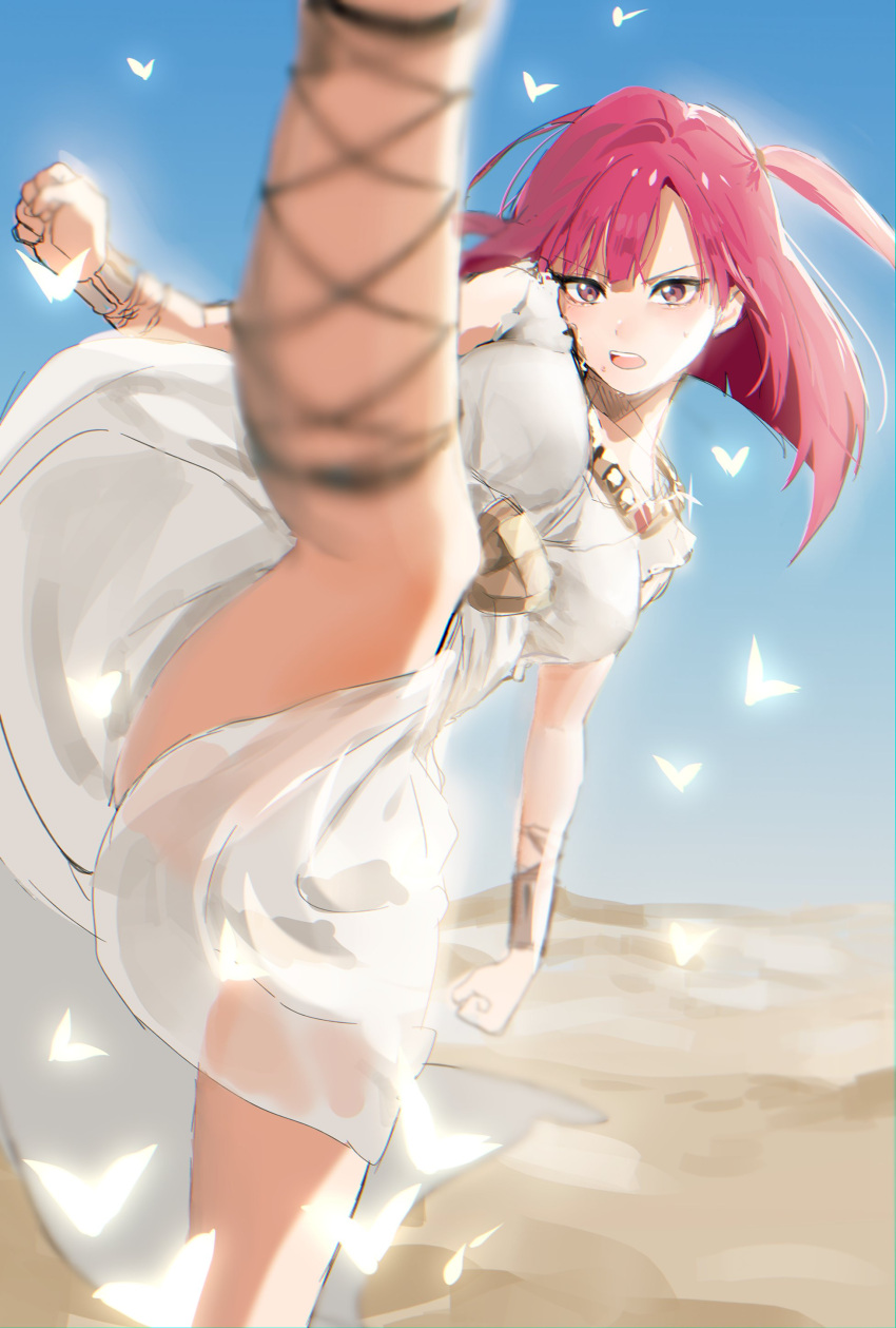 1girl absurdres ankle_lace-up arm_guards blue_sky blush breasts desert dress high_kick highres kicking magi_the_labyrinth_of_magic medium_breasts medium_hair morgiana necktie open_mouth red_eyes red_hair short_hair sinomi sky solo standing standing_on_one_leg sweat