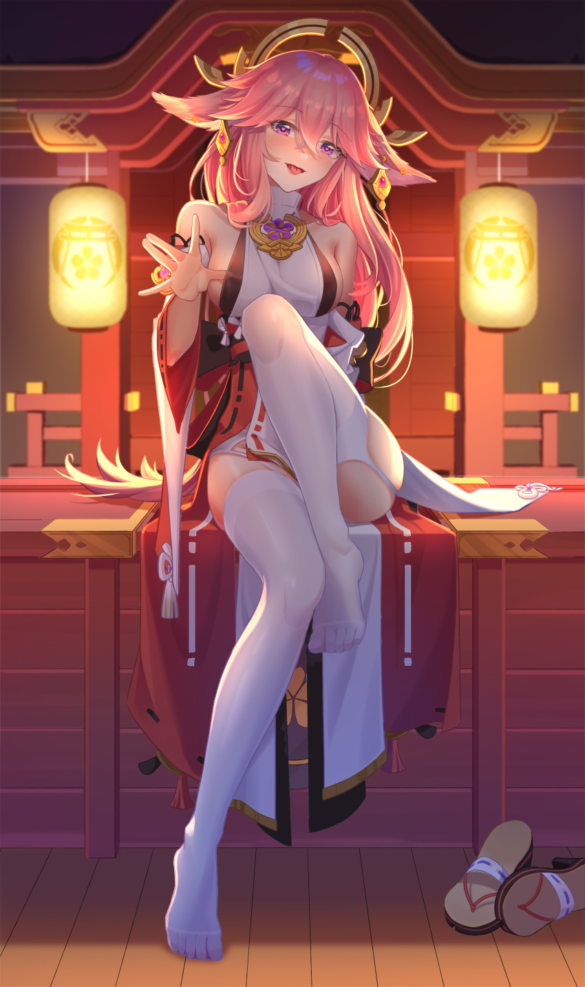 1girl absurdres animal_ears blush breasts clothes_tug detached_sleeves feet fox_ears fujiko_sugi garter_straps genshin_impact heart heart-shaped_pupils highres japanese_clothes kimono knee_up lantern long_hair looking_at_viewer medium_breasts miko naughty_face no_shoes pink_hair priestess purple_eyes shoes shoes_removed sideboob sitting sleeveless sleeveless_kimono smile solo symbol-shaped_pupils thighhighs tongue tongue_out white_legwear wide_sleeves yae_miko