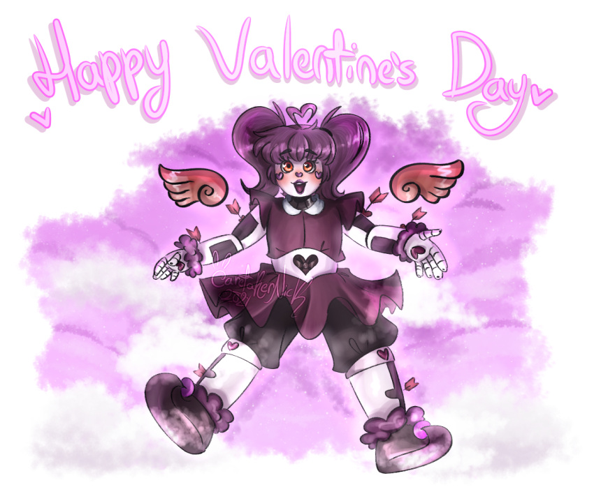 &lt;3 2021 ahoge android animatronic arrow arrow_(weapon) arrowed blush bottomwear caretakernick clothed clothing dancewear digital_drawing_(artwork) digital_media_(artwork) female five_nights_at_freddy's five_nights_at_freddy's_ar footwear fully_clothed hair heart_nose heartsick_baby_(fnaf) holidays humanoid lipstick looking_at_viewer machine makeup making_out not_furry open_mouth open_smile orange_eyes pigtails purple_clothing purple_hair ranged_weapon robot scottgames shoes sister_location skirt smile solo tutu valentine's_day video_games watermark weapon white_body wings