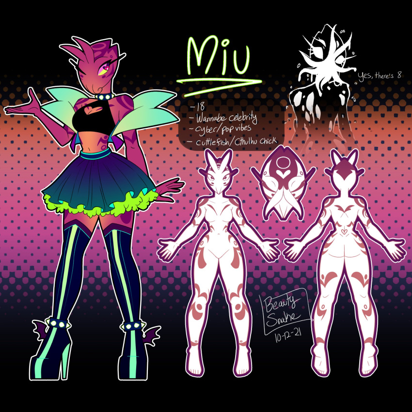 alien beauty_snake boots breasts cephalopod clothed clothing coleoid cthulhu_mythos cuttlefish decapodiform english_text female footwear h.p._lovecraft hi_res high_heeled_boots high_heels humanoid hybrid legwear looking_at_viewer marine masked_puppet miu model_sheet mollusk mouth_closed pseudo_hair pupils shoes solo standing tentacle_hair tentacle_mouth tentacles text topwear unusual_pupils