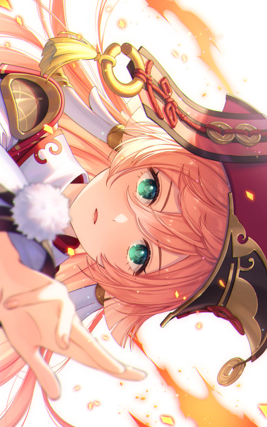 1girl akatsuki_(4941086) antlers bangs blurry blurry_foreground coin_hair_ornament depth_of_field genshin_impact green_eyes hair_between_eyes highres looking_at_viewer open_mouth pink_hair red_headwear rotated solo yanfei_(genshin_impact)