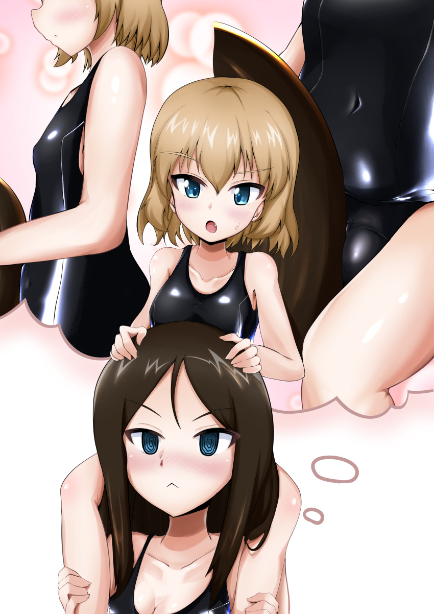 2girls @_@ absurdres blue_eyes blush breasts brown_hair carrying cleavage collarbone commentary female_pervert flat_chest girls_und_panzer highres imagining katyusha_(girls_und_panzer) light_brown_hair medium_breasts medium_hair multiple_girls naopon918 navel nonna_(girls_und_panzer) pervert school_swimsuit short_hair shoulder_carry swimsuit yuri