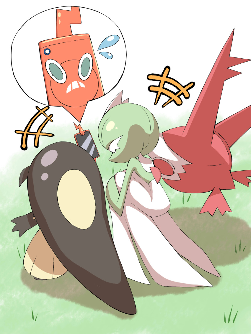 +++ absurdres bob_cut commentary_request gardevoir grass green_hair highres latias mawile outdoors pokemon rotom rotom_phone shabana_may short_hair spoken_character squatting standing white_background