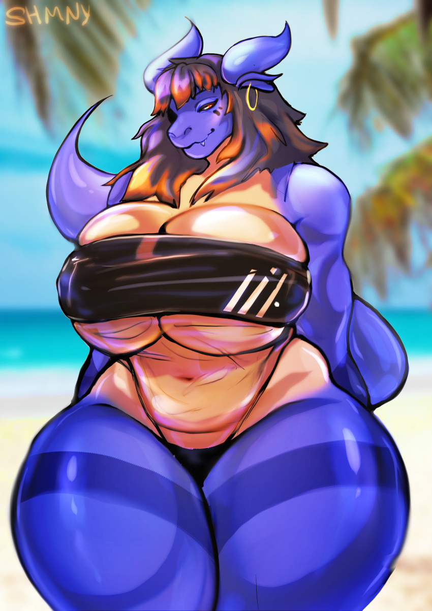 absurd_res anthro beach big_breasts breasts cleavage clothed clothing dragon ear_piercing ear_ring female gris_swimsuit hi_res meme meme_clothing one-piece_swimsuit piercing seaside shmny solo swimwear thick_thighs translucent translucent_clothing translucent_swimwear