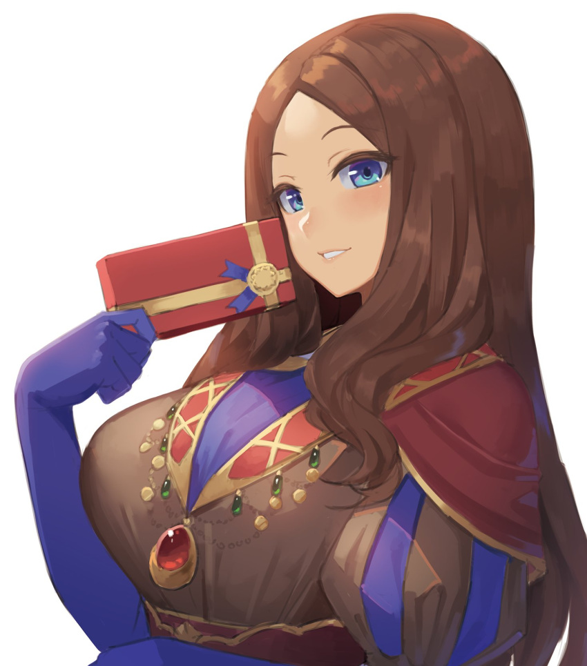 1girl bangs blue_eyes blue_gloves blush box breasts brown_dress brown_hair dress elbow_gloves fate/grand_order fate_(series) forehead gift gift_box gloves grin highres large_breasts leonardo_da_vinci_(fate) long_hair looking_at_viewer parted_bangs puff_and_slash_sleeves puffy_short_sleeves puffy_sleeves ranma_(kamenrideroz) red_skirt short_sleeves skirt smile solo