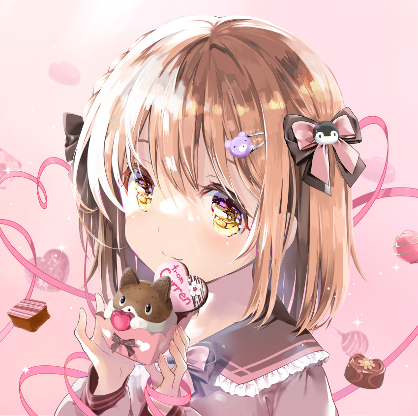 1girl absurdres bangs bear_hair_ornament black_bow black_sailor_collar bow brown_eyes brown_hair candy chocolate closed_mouth eyebrows_behind_hair food frilled_sailor_collar frills grey_shirt hair_between_eyes hair_bow hair_ornament hairclip hands_up heart heart-shaped_chocolate highres holding holding_food long_sleeves looking_at_viewer original penguin_hair_ornament pink_background pink_bow rin_(fuwarin) sailor_collar shirt simple_background smile solo upper_body valentine