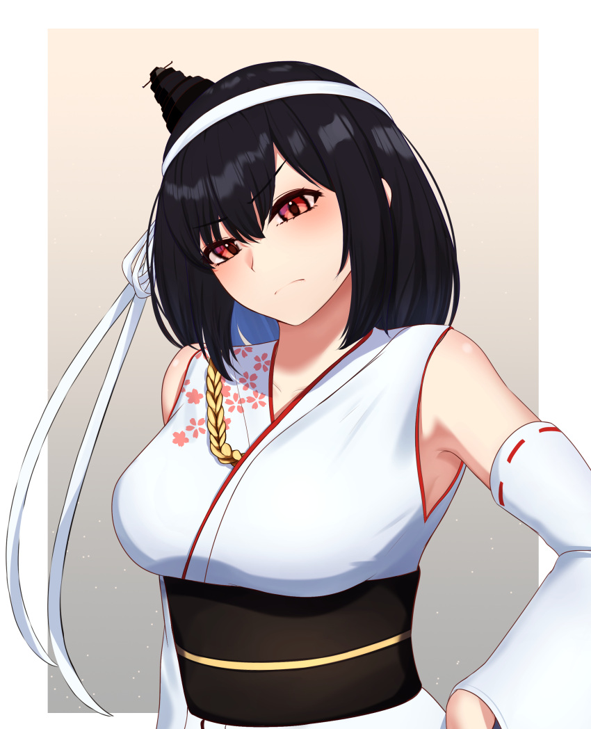 1girl absurdres arugou black_hair breasts detached_sleeves floral_print fusou_(kancolle) hair_ornament headband highres japanese_clothes kantai_collection large_breasts nontraditional_miko obi red_eyes sash solo upper_body white_headband white_sleeves wide_sleeves yamashiro_(kancolle) yamashiro_kai_ni_(kancolle)