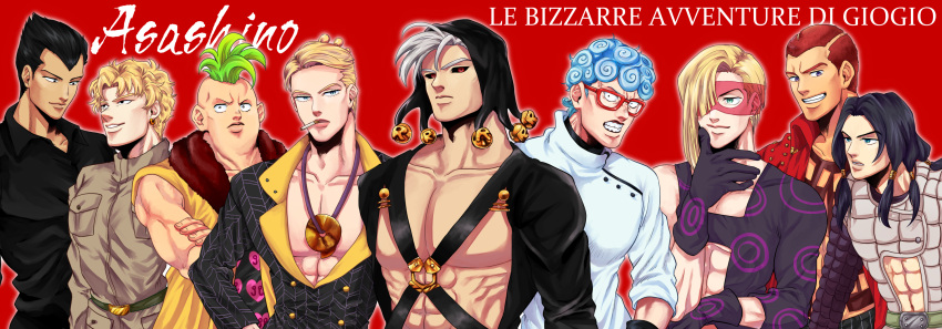 6+boys black_hair black_sclera blonde_hair blue_hair cigarette colored_sclera domino_mask formaggio gelato ghiaccio green_hair grey_hair hat highres hotaru_(ss801) illuso jojo_no_kimyou_na_bouken mask melone multiple_boys pesci prosciutto red_hair risotto_nero smoking sorbet vento_aureo