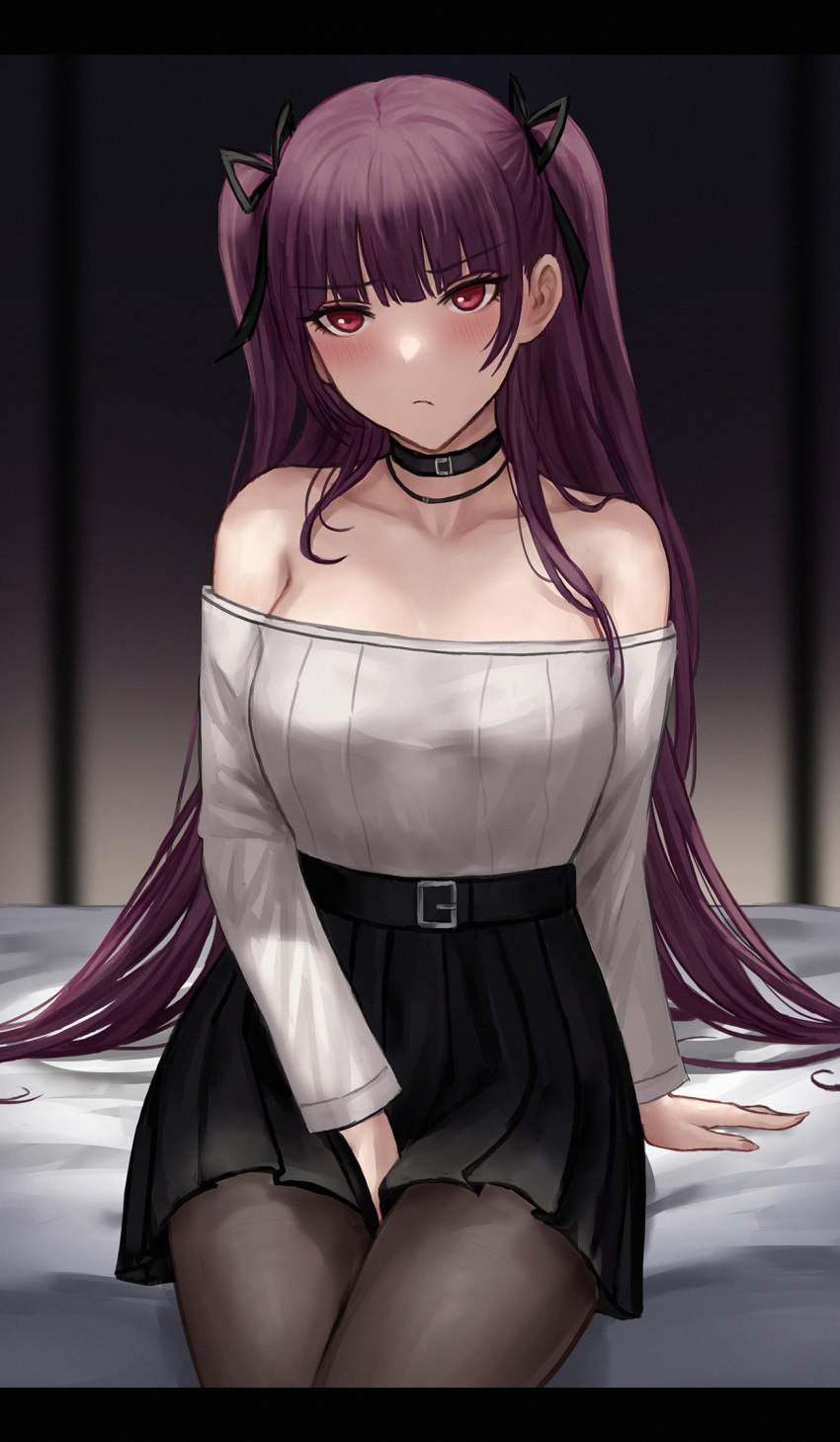 1girl bangs bare_shoulders between_legs black_choker black_legwear black_ribbon black_skirt blush breasts chinese_commentary choker closed_mouth collarbone commentary_request eyebrows_visible_through_hair girls'_frontline grey_shirt hair_ornament hair_ribbon hand_between_legs highres large_breasts long_hair long_sleeves looking_at_viewer off_shoulder pantyhose purple_hair red_eyes ribbon selcky shirt shirt_tucked_in sitting skirt solo wa2000_(girls'_frontline)