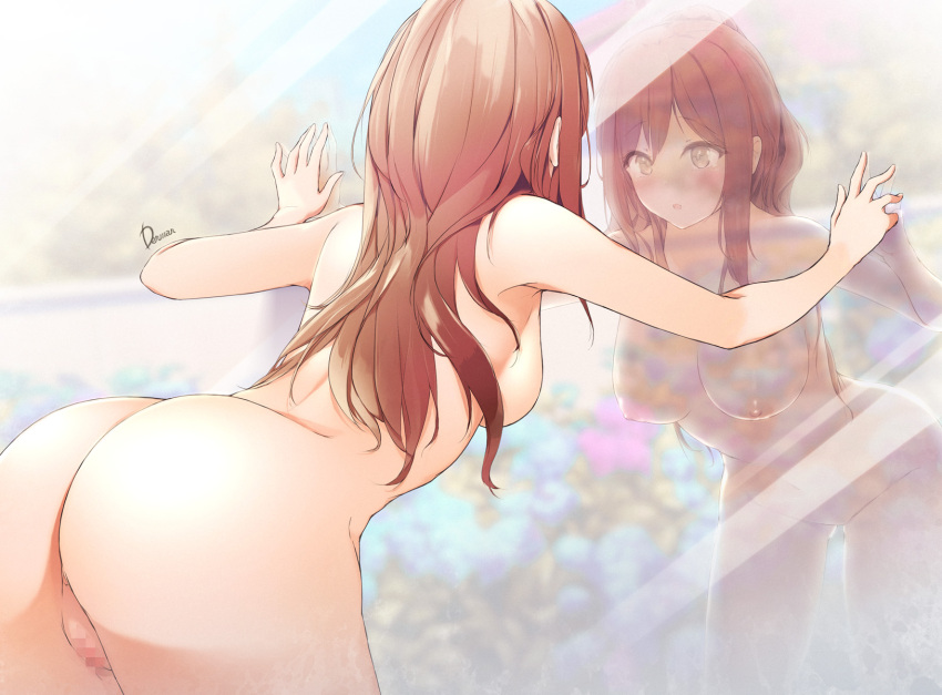 1girl against_mirror ass ass_visible_through_thighs bangs blush breasts brown_eyes brown_hair censored collarbone commentary_request completely_nude dermar eyebrows_visible_through_hair hair_between_eyes highres long_hair medium_breasts mirror mosaic_censoring navel nipples nude open_mouth original pussy reflection sideboob sidelocks signature solo