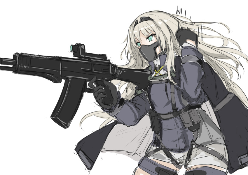 1girl an-94 an-94_(girls'_frontline) aqua_eyes arm_up assault_rifle bangs black_cloak black_gloves blonde_hair cloak eyebrows_visible_through_hair feet_out_of_frame girls'_frontline gloves gun hairband holding holding_gun holding_weapon long_hair looking_away marche_mk14 mask masked rifle shorts solo standing tactical_clothes weapon white_background white_shorts