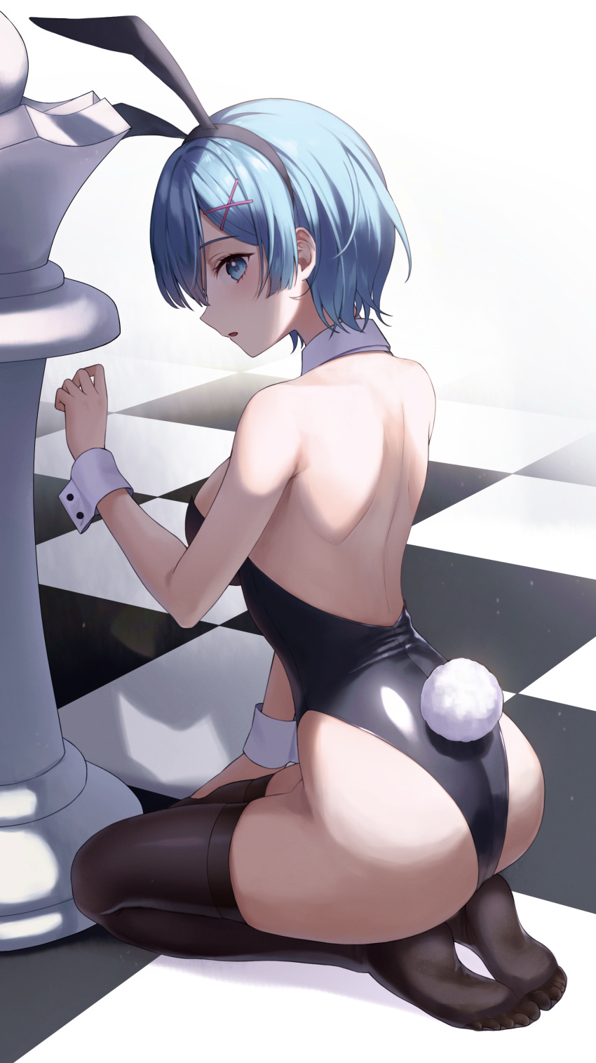 1girl :o absurdres alternate_costume animal_ears ass back backless_leotard backless_outfit bare_arms bare_shoulders black_hairband black_legwear blue_eyes blue_hair blush breasts checkered_floor chess_piece fake_animal_ears fake_tail from_side full_body hair_ornament hairband hairclip highres looking_at_viewer looking_to_the_side medium_breasts no_shoes parted_lips playboy_bunny queen_(chess) rabbit_ears rabbit_tail re:zero_kara_hajimeru_isekai_seikatsu rem_(re:zero) seiza short_hair sideboob simple_background sitting skindentation solo tail thighhighs white_background wrist_cuffs x_hair_ornament yeorem