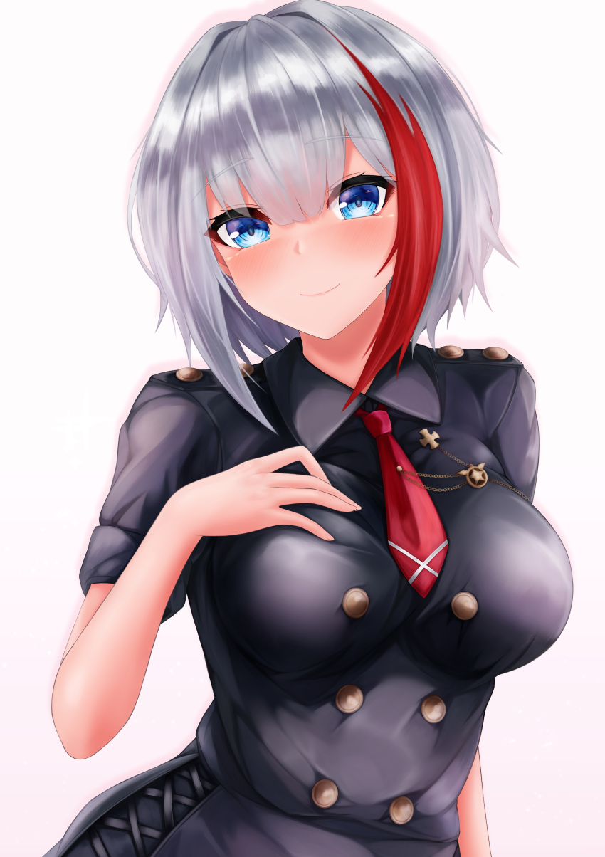 1girl absurdres admiral_graf_spee_(azur_lane) azur_lane bangs black_dress blue_eyes breasts brown_background closed_mouth collared_dress commentary_request dress eyebrows_visible_through_hair gradient gradient_background grey_hair hair_between_eyes hand_up highres medium_breasts multicolored_hair necktie red_hair red_necktie ryara short_necktie short_sleeves smile solo streaked_hair white_background