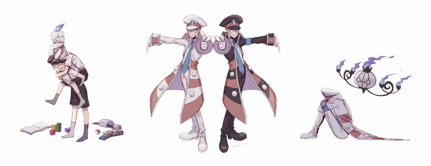 2boys armband bandaid bandaid_on_knee black_coat black_footwear black_headwear black_pants black_shorts blue_necktie book brothers buttons carrying chandelure closed_eyes closed_mouth coat commentary_request emmet_(pokemon) fire frown gloves grey_eyes grey_hair hat highres ingo_(pokemon) litwick long_sleeves male_focus multiple_boys necktie nekohai_darake on_head open_clothes open_coat pants piggyback pointing poke_ball poke_ball_(basic) pokemon pokemon_(creature) pokemon_(game) pokemon_bw pokemon_on_head purple_fire shirt shoes short_hair short_sleeves shorts siblings sideburns sitting smile split_mouth striped_coat suspenders toy_block white_background white_coat white_footwear white_gloves white_headwear white_pants white_shirt yellow_eyes younger