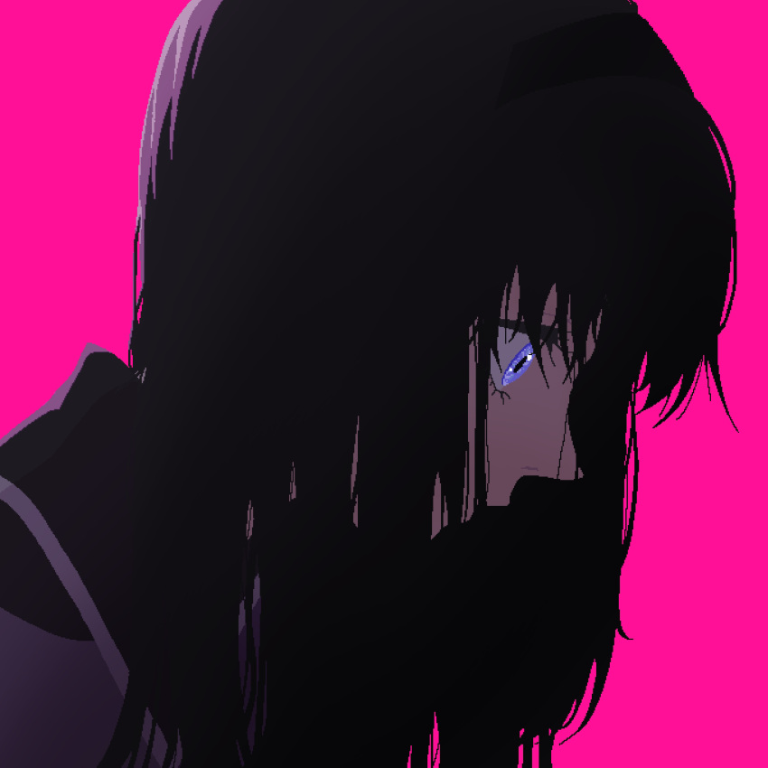 1girl akemi_homura bangs black_hair black_hairband capelet commentary from_side hair_between_eyes hair_ornament hairband highres jaggy_lines long_hair looking_down magical_girl mahou_shoujo_madoka_magica messy_hair namarimari pink_background purple_capelet purple_eyes simple_background solo unkempt upper_body